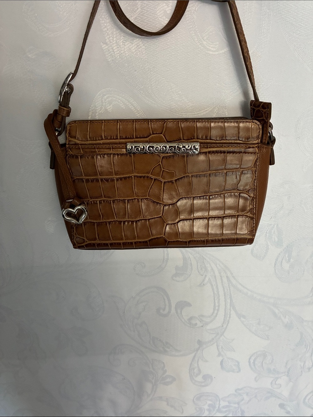 Brighton Brown Croc-Embossed Crossbody Bag with Heart Charm